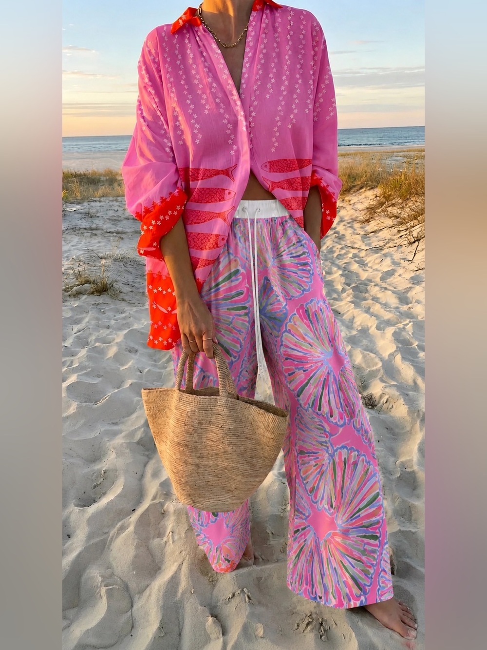 Lilly Pulitzer Beach Pant Pink Pout Shellabrate linen wide leg elastic waistband